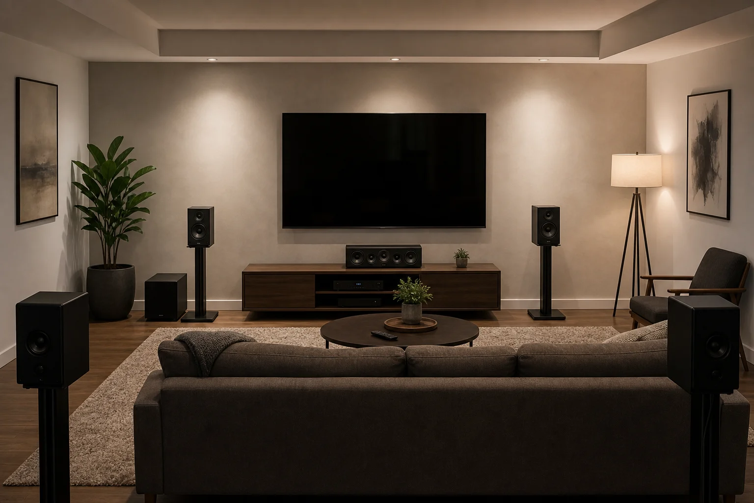 Heimkino-Surround-Sound-System mit mehreren Lautsprechern um den Sitzbereich
