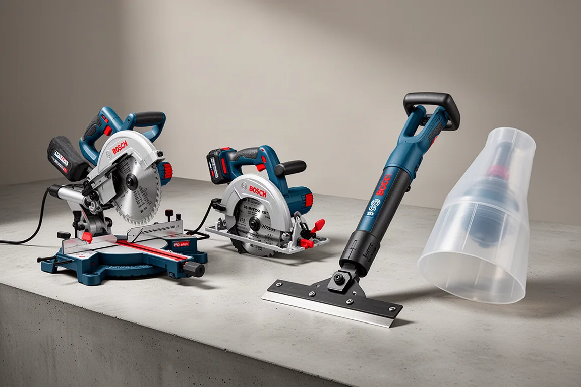 Bosch ProFactor tool lineup including miter saw, circular saw, scraper, and dust adapter on concrete