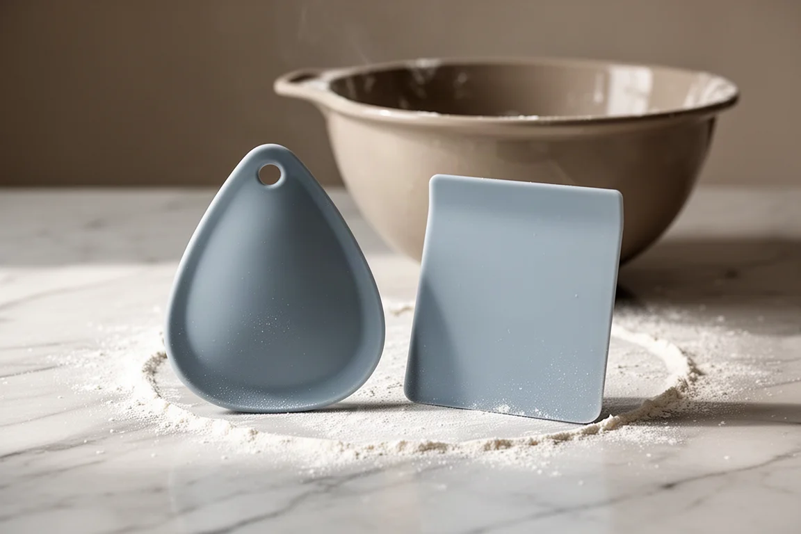 Two silicone bowl scrapers on a marble kitchen counter beside a mixing bowl