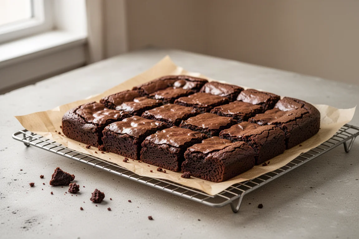 Świeżo upieczone brownie z błyszczącą pękającą skórką studzące się na kratce