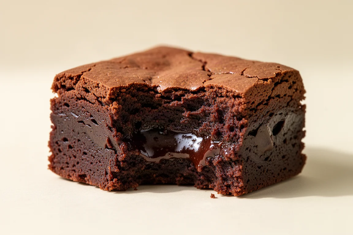 Zbliżenie na kwadrat wilgotnego brownie pokazujący gęsty, wilgotny środek
