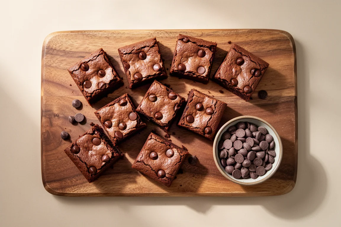 Kwadraty brownie z kawałkami roztopionej czekolady na drewnianej desce