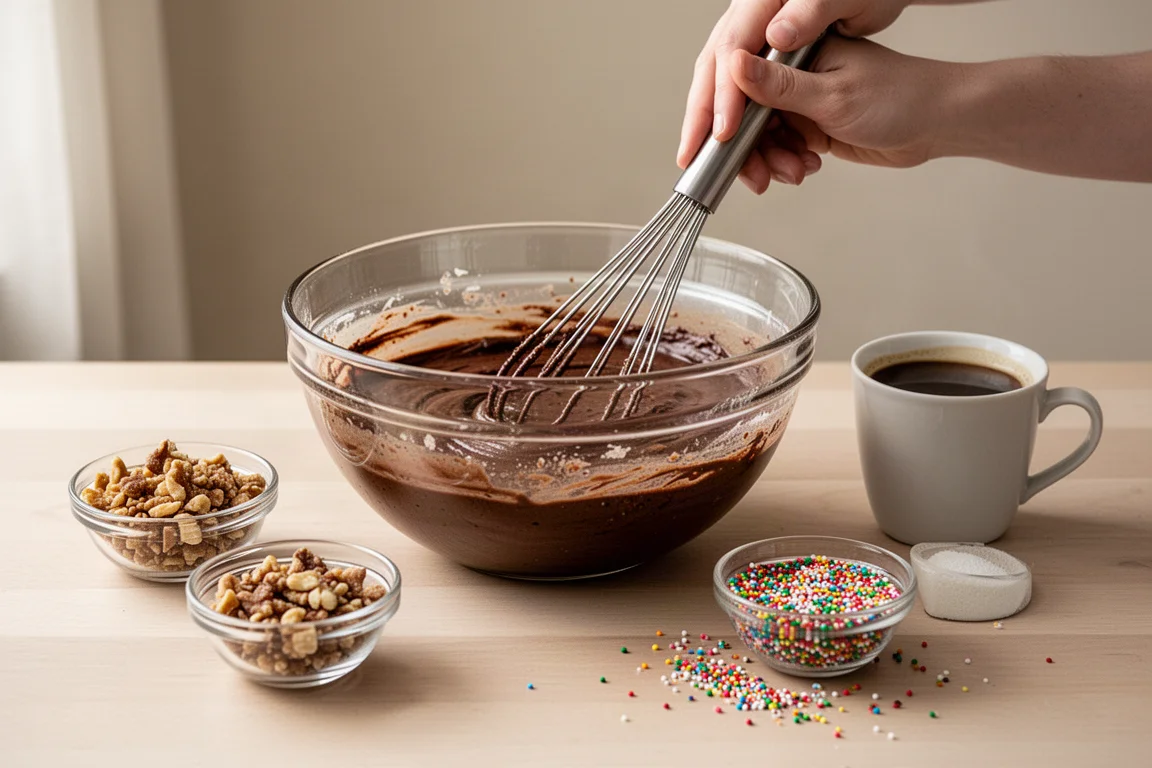 Domowy piekarz dodający dodatków i kawy do ciasta na brownie w misce