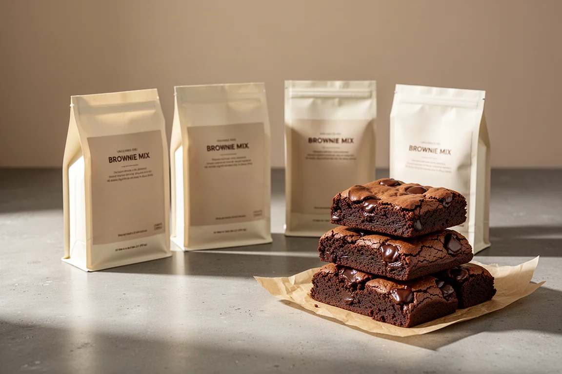 Four brownie mix boxes beside freshly baked brownies on a concrete counter
