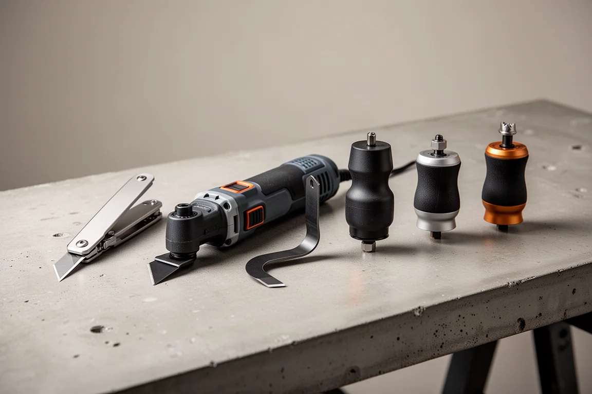 Six cutting tools including a manual box cutter, multi-tool, hook blade, and rotary cutters arranged on a concrete surface