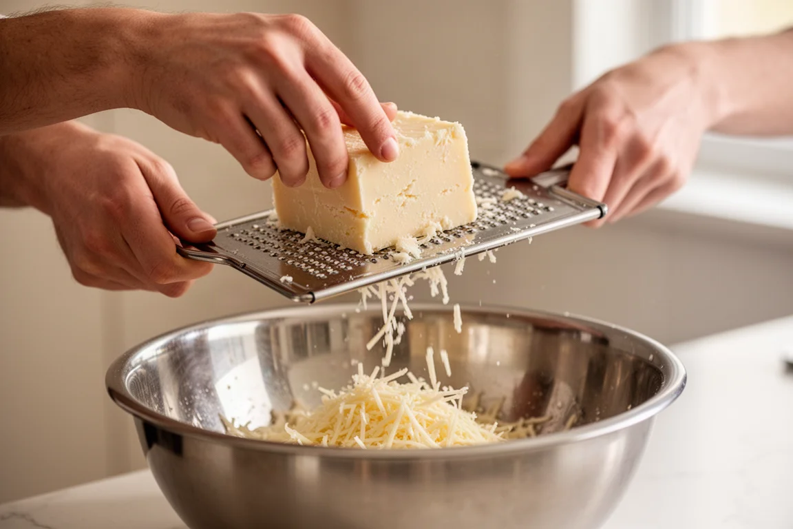 Cocinero rallando queso blando sobre un bol mezclador en una cocina luminosa