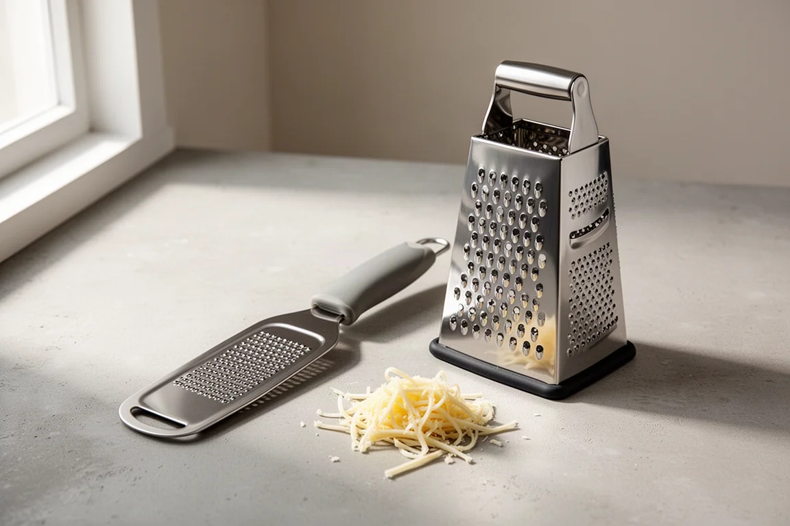 Paddle grater and box grater side by side on a light concrete surface