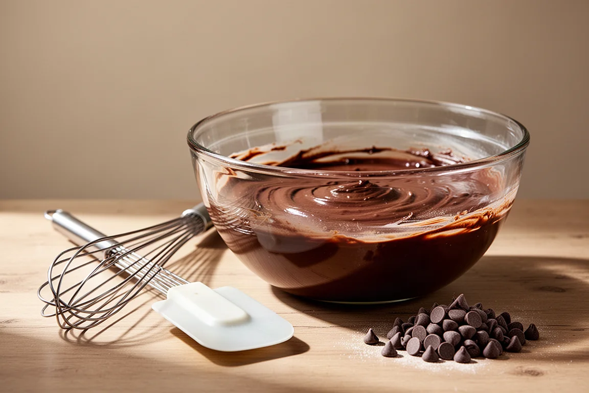 En bagare viker in chokladbitar i kaksmet i en glasskål