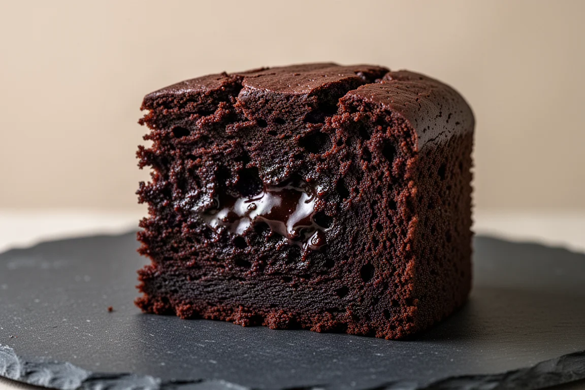 Mörk och fudgy skiva chokladkaka med rik och tät smula