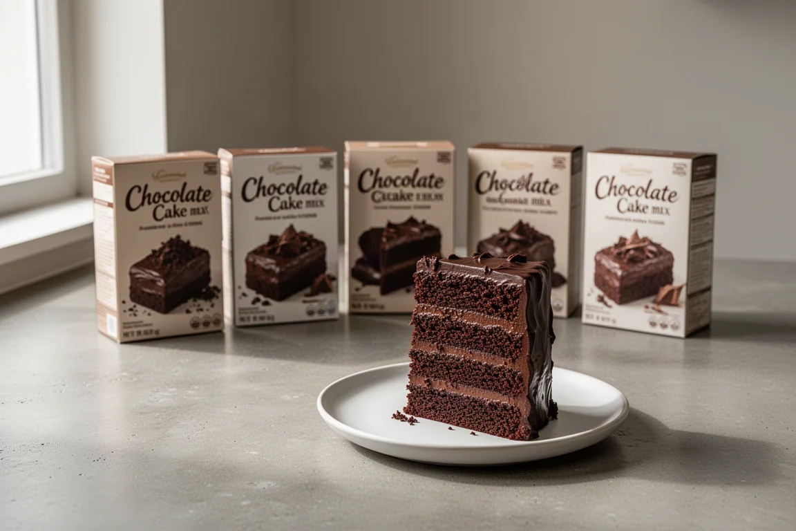 Five cake mix boxes lined up beside a slice of dark chocolate layer cake