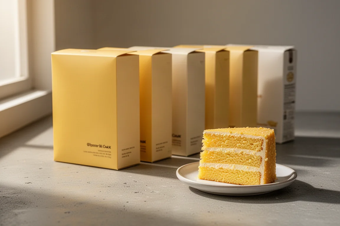 Row of boxed cake mixes next to a slice of yellow cake on a plate