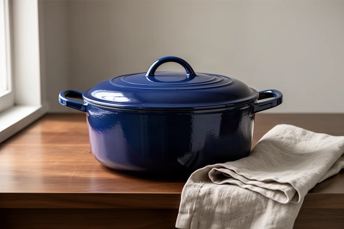 Le Creuset Signature runder Braiser in Blau mit gewölbtem Deckel auf einer Arbeitsplatte
