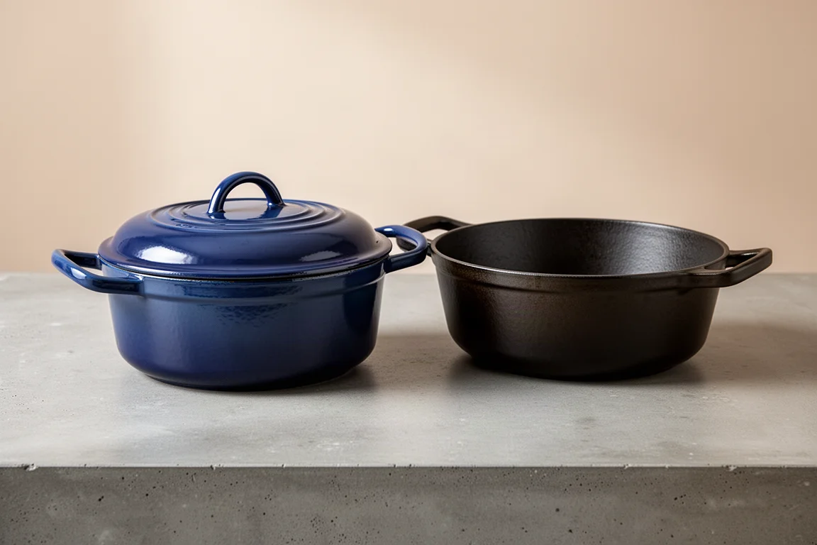 Two enameled cast iron braisers, one blue and one dark, on a concrete surface
