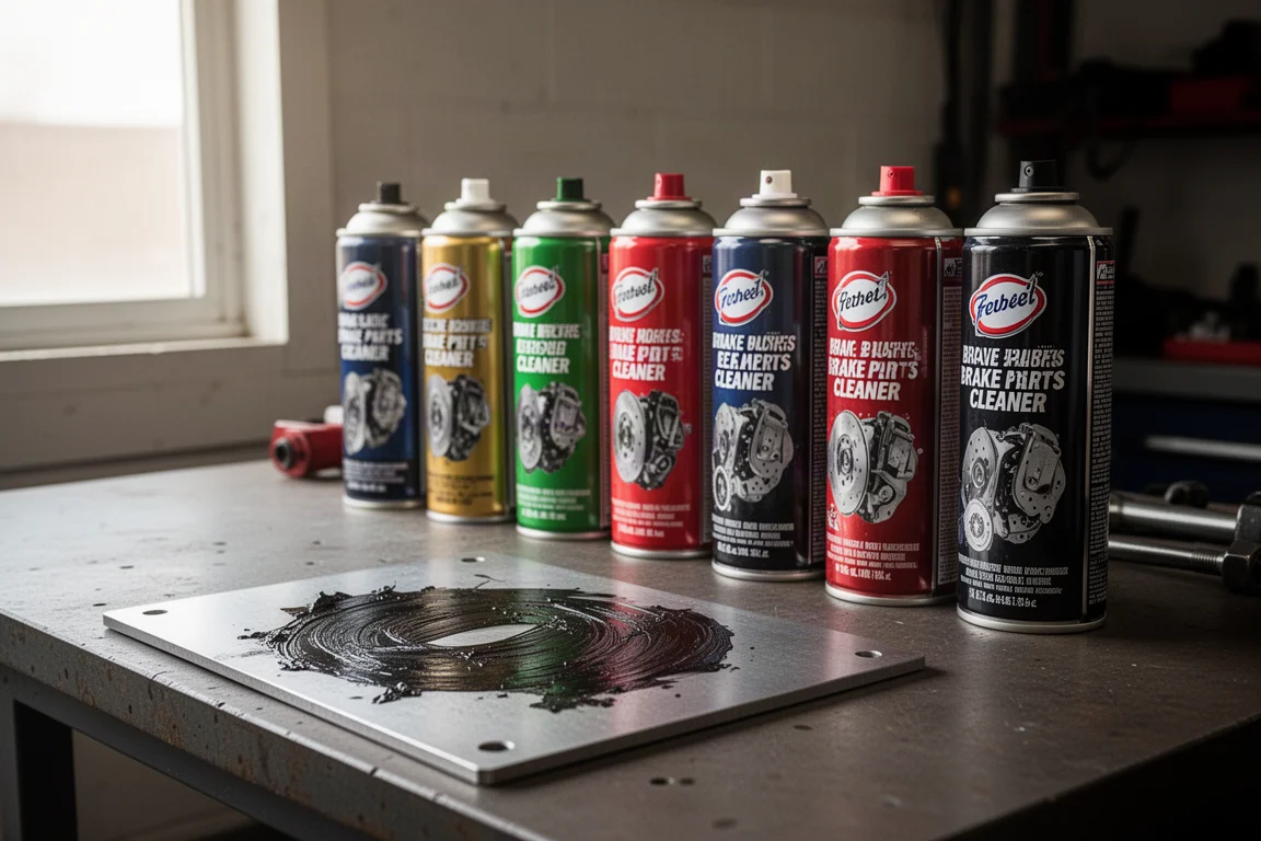 Aerosol brake parts cleaner cans lined up on a workbench with a steel test plate