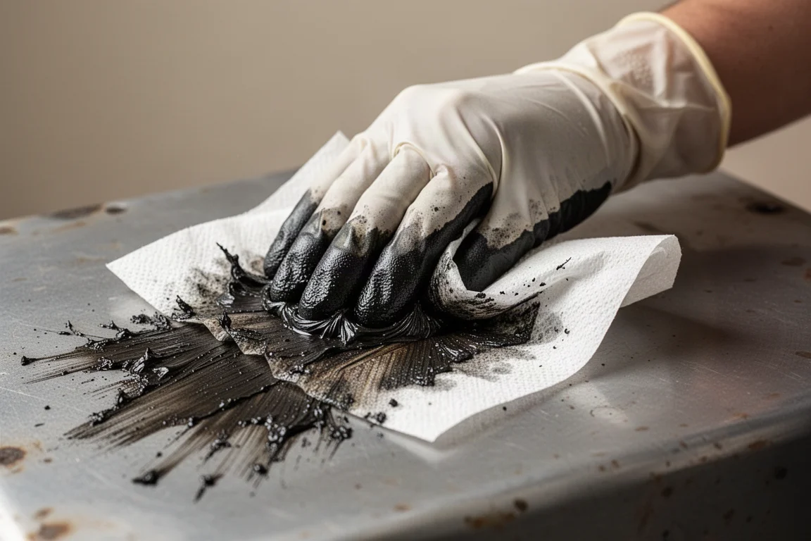 Close-up of a paper towel wiping grease from a metal surface