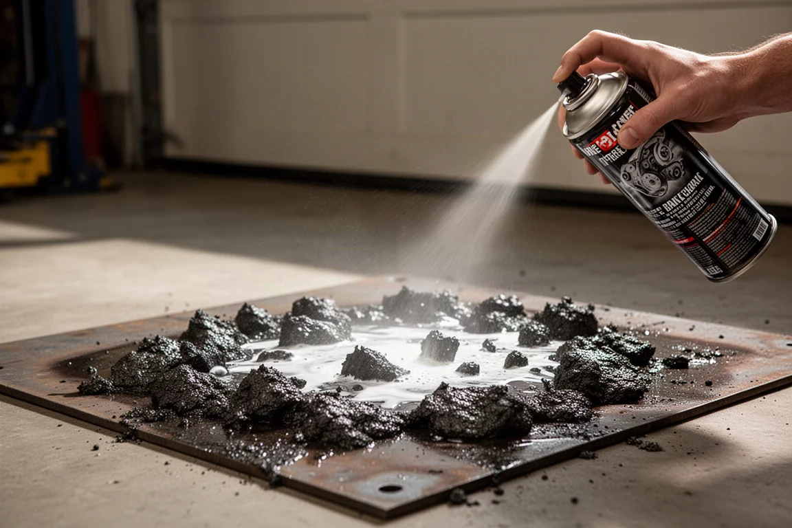 Aerosol can spraying solvent onto a steel plate covered in thick sludge
