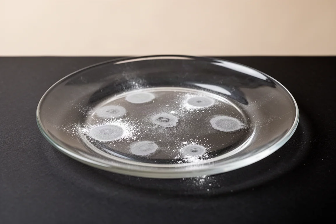 Glass plate with faint residue spots after solvent evaporation
