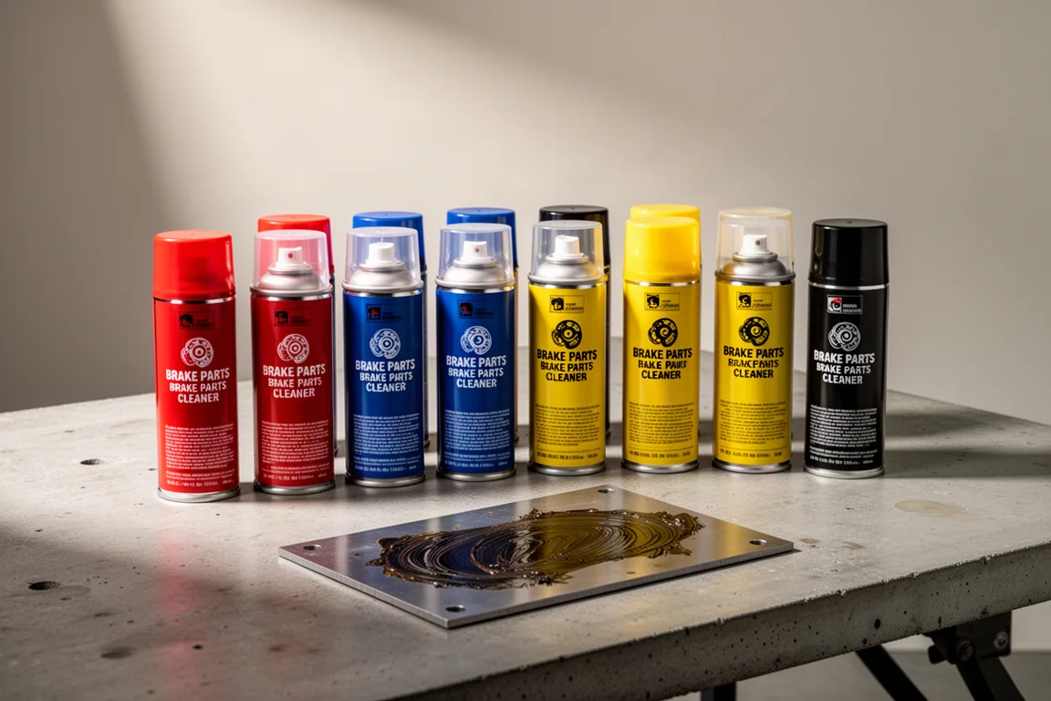 Fourteen aerosol brake parts cleaner cans arranged on a concrete workbench with a steel test plate
