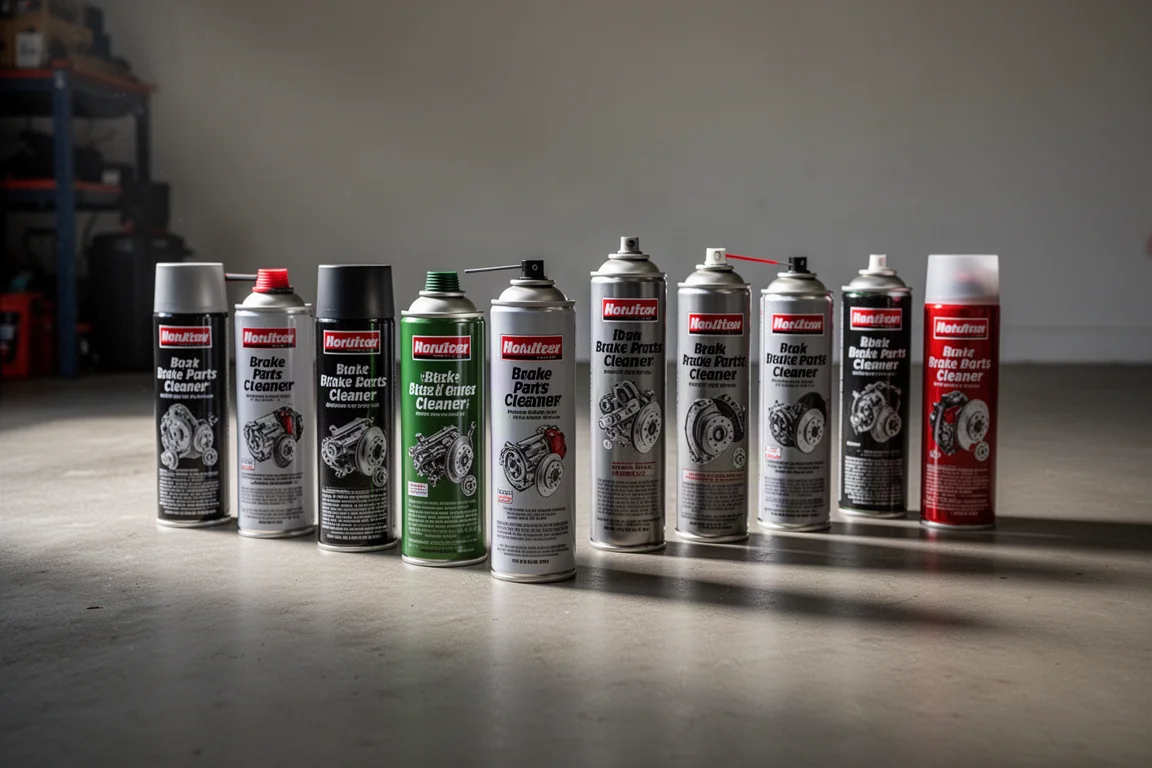Row of aerosol brake parts cleaner cans on a concrete garage floor