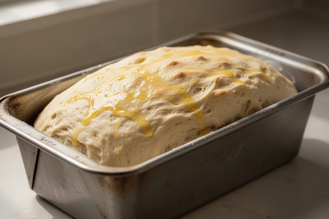 Pâte à pain de mie fraîchement levée dans un moule à pain avant cuisson