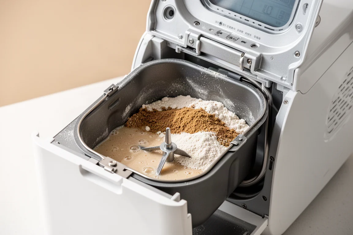 Machine à pain sur un plan de travail avec les ingrédients ajoutés dans le bol