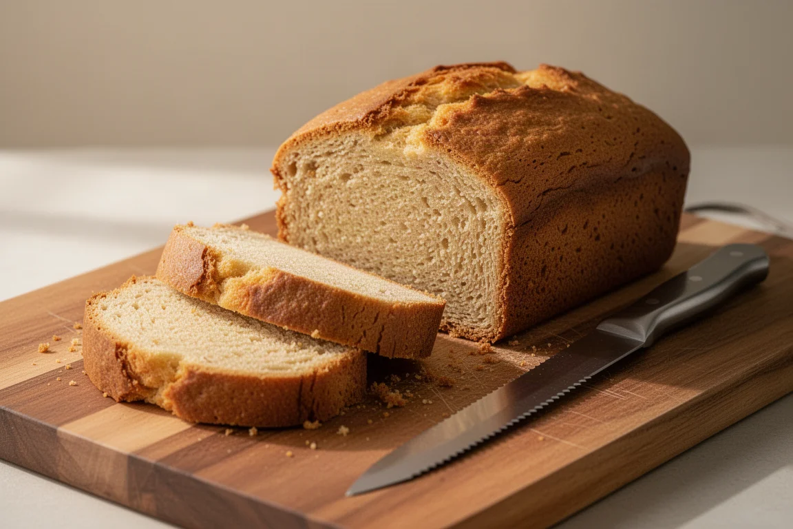 Pain de mie tranché montrant une mie régulière sur une planche à découper