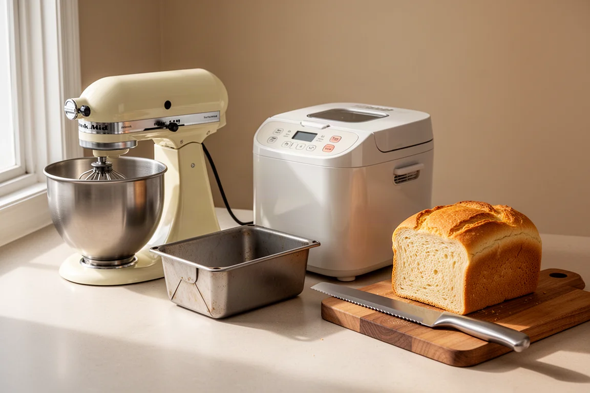 Stand mixer, bread machine, loaf pan and bread knife arranged on a kitchen counter