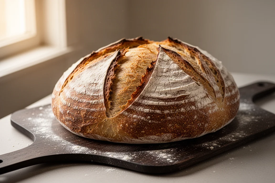 Freshly scored sourdough loaf with clean expansion slashes on the crust