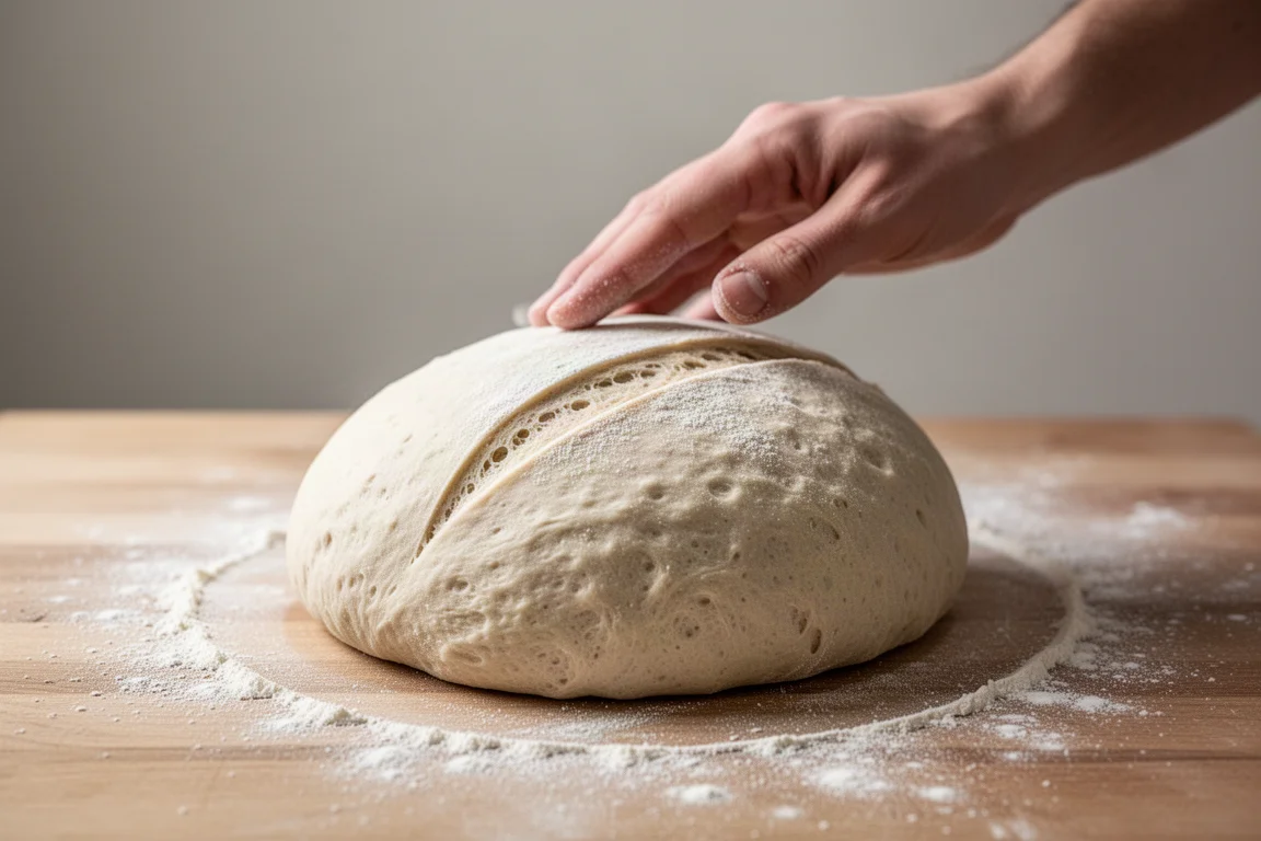 Baker's hand positioning a lame at a shallow angle over raw dough