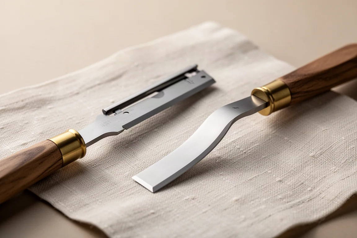 Two razor blades mounted on lames, one straight and one curved