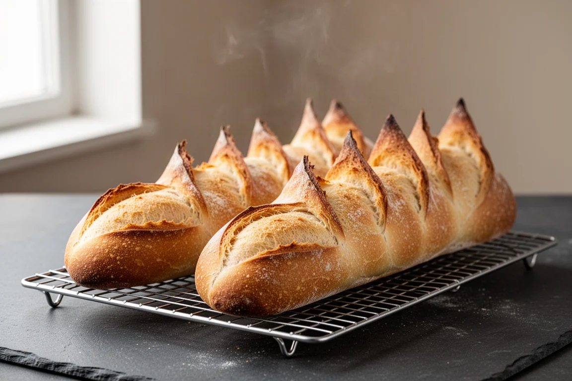 Baguettes with raised crispy ears fresh from the oven on a cooling rack