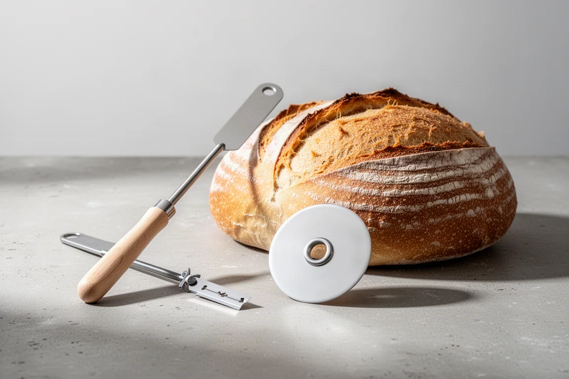 Two bread lames beside a freshly scored artisan loaf on a concrete surface