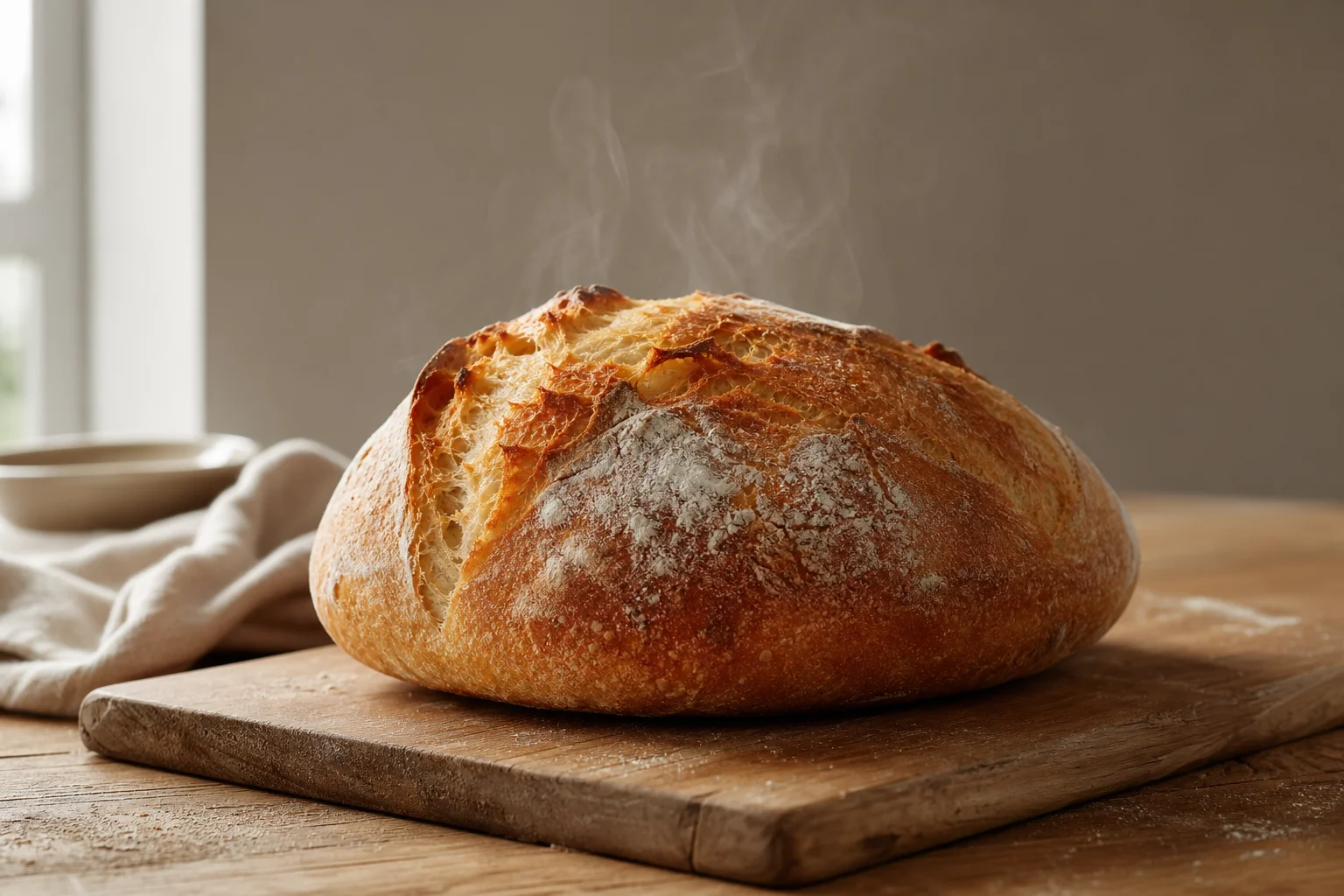 Fertiger Laib Artisan-Brot mit goldener Kruste auf einem hölzernen Schneidebrett