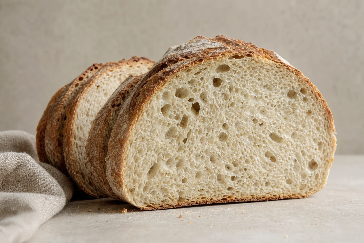 Aufgeschnittenes hausgemachtes Brot mit gleichmäßiger Krume und Luftverteilung