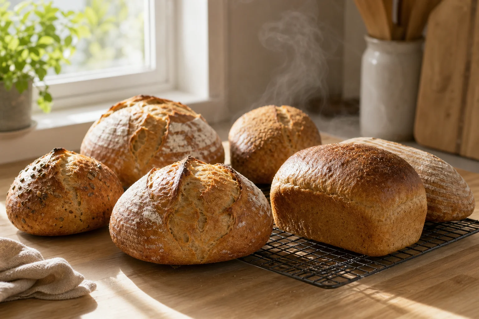 Frische Brotlaibe kühlen bei Morgenlicht auf einer Küchentheke ab