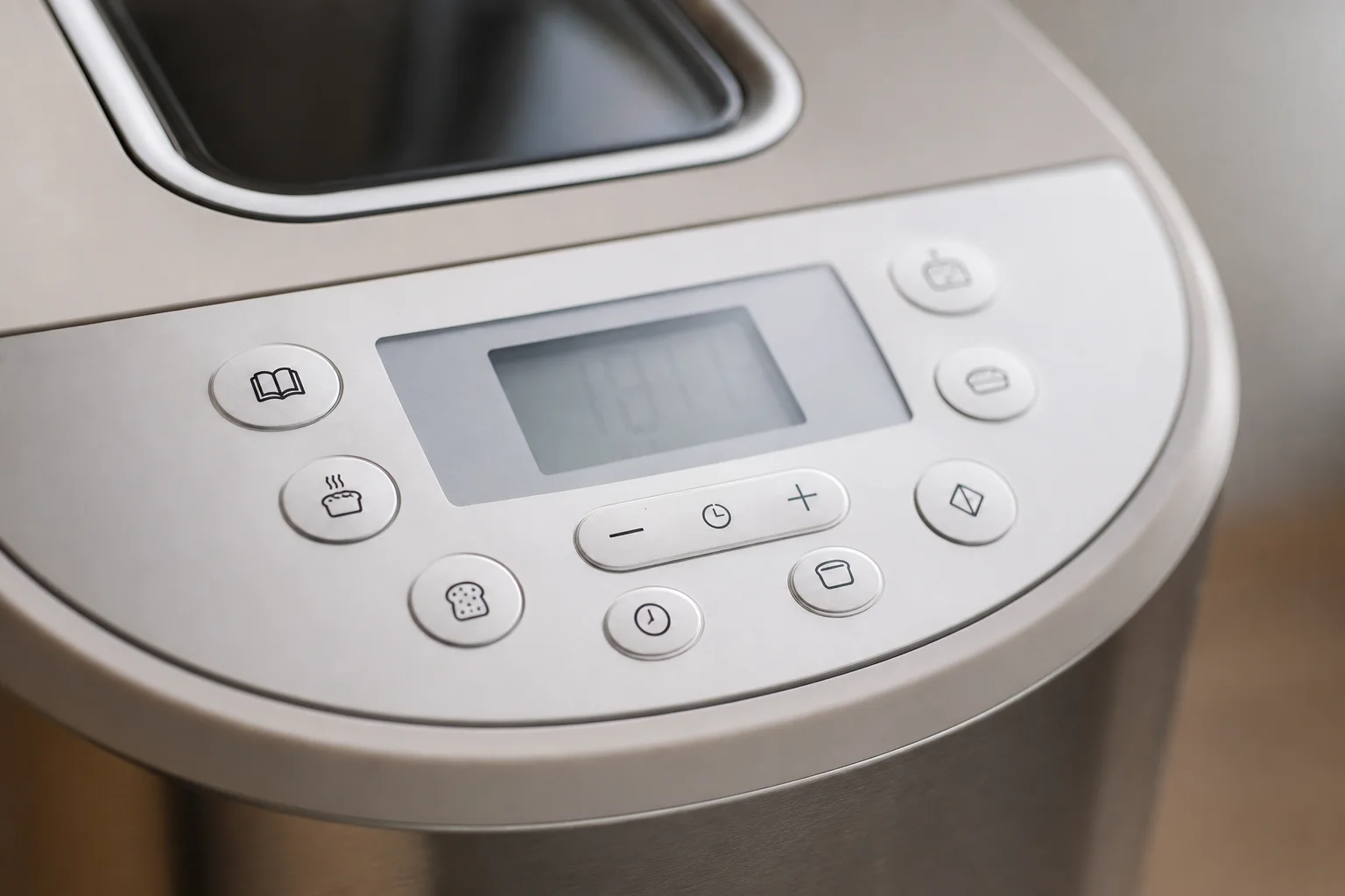 Nahaufnahme des Bedienfelds eines Brotbackautomaten mit Programmtasten und Display