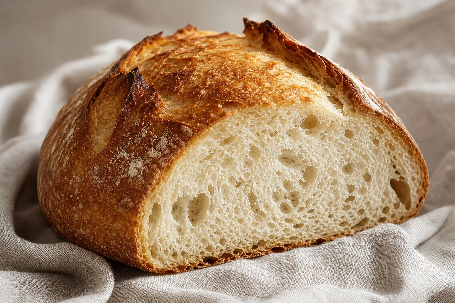 Brotlaib im Handwerksstil mit knuspriger Kruste und fluffigem Innenleben im Querschnitt