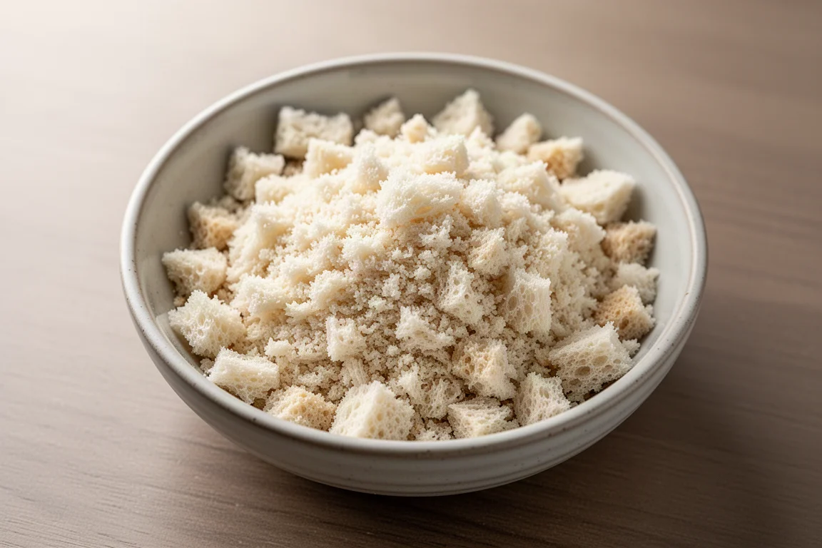 柔らかいサンドイッチ用食パンから作った生パン粉がボウルに入っています