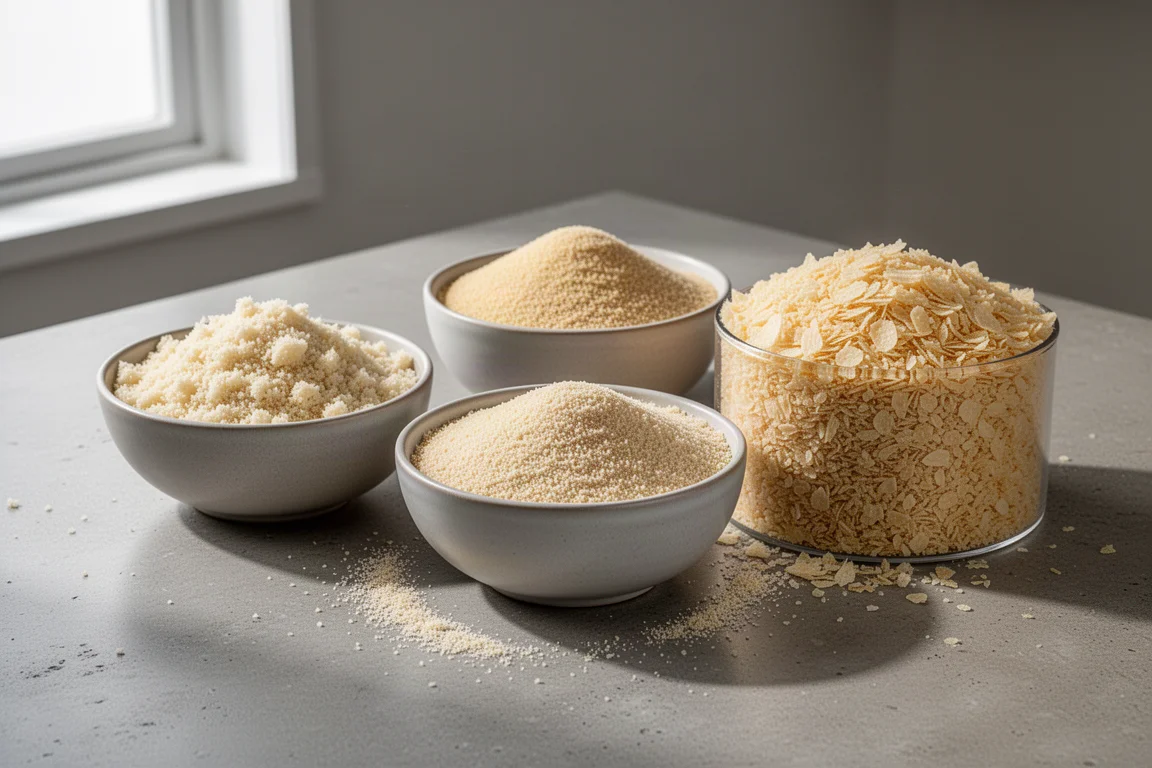 Three bowls of fresh, plain, and panko breadcrumbs on a concrete counter