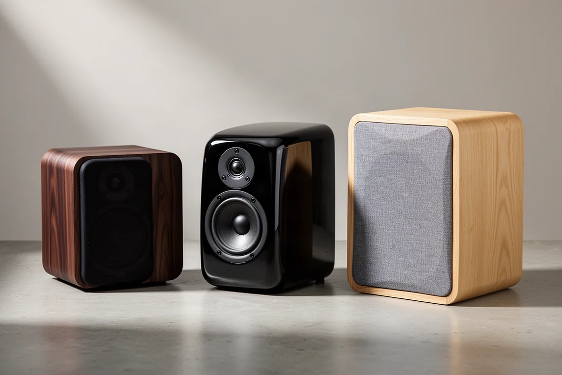 Three pairs of compact hi-fi bookshelf speakers arranged in a row on a concrete surface