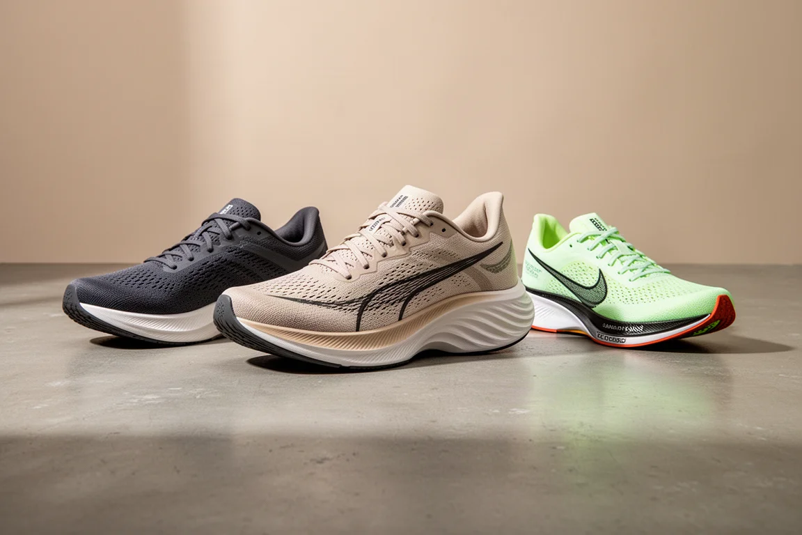 Four Brooks running shoes lined up on a concrete surface