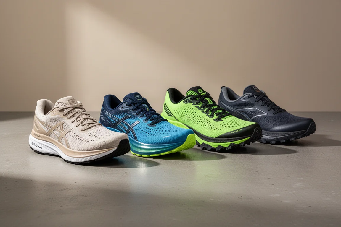 Five Brooks running shoes in a row on a concrete surface