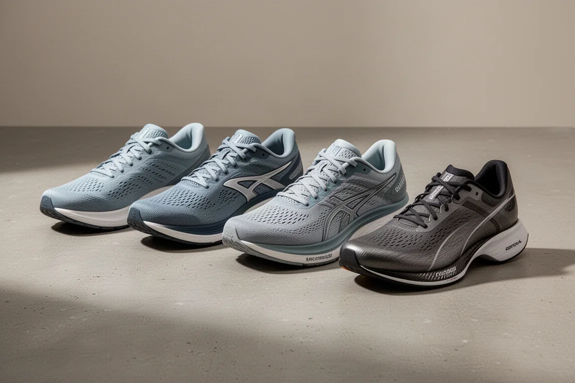 Five Brooks running shoes arranged in a row on a concrete surface