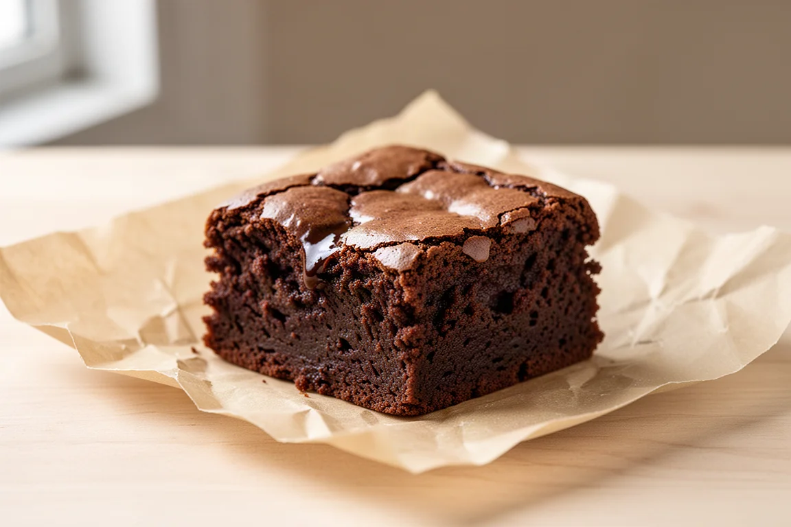 Quadrado de brownie cremoso com superfície rachada sobre papel manteiga