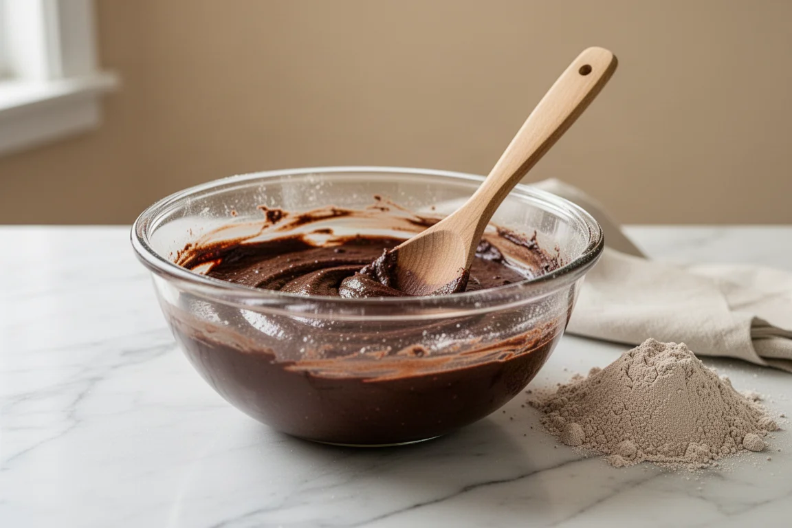 Mãos misturando massa de brownie em uma tigela de vidro