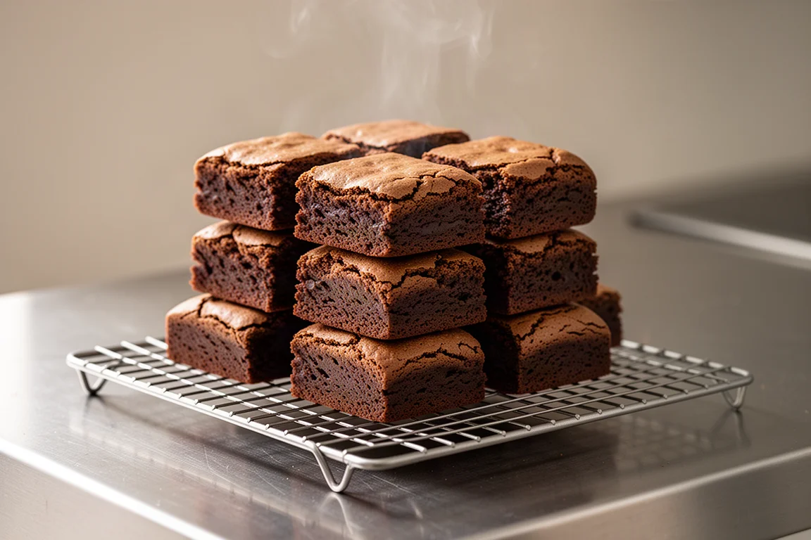 Pilha de brownies recém-assados esfriando em uma grade de arame