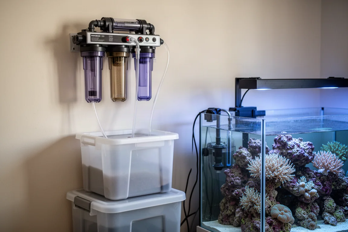 Home reef aquarium equipment area with a water filtration unit feeding a storage container