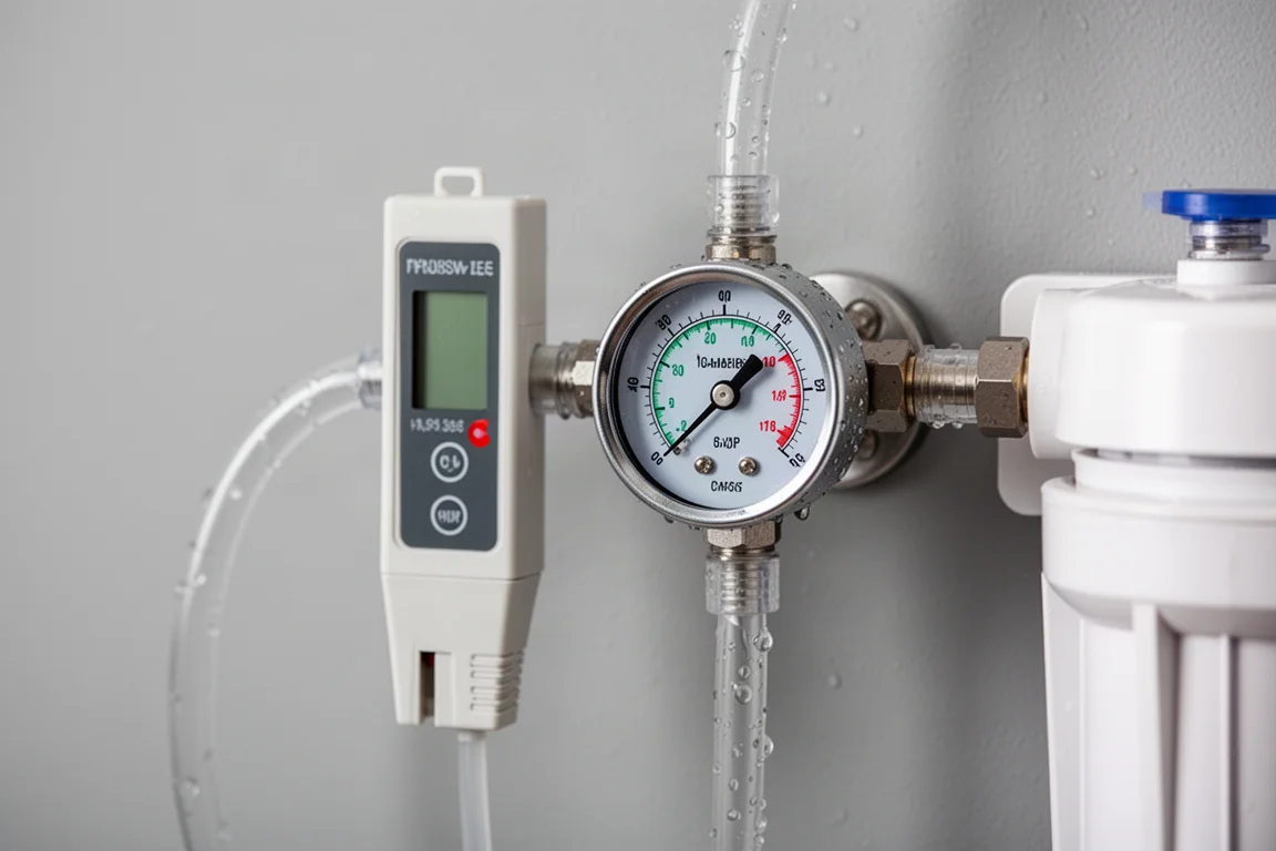 Close-up of an inline TDS meter and glycerin pressure gauge fitted to filtration tubing