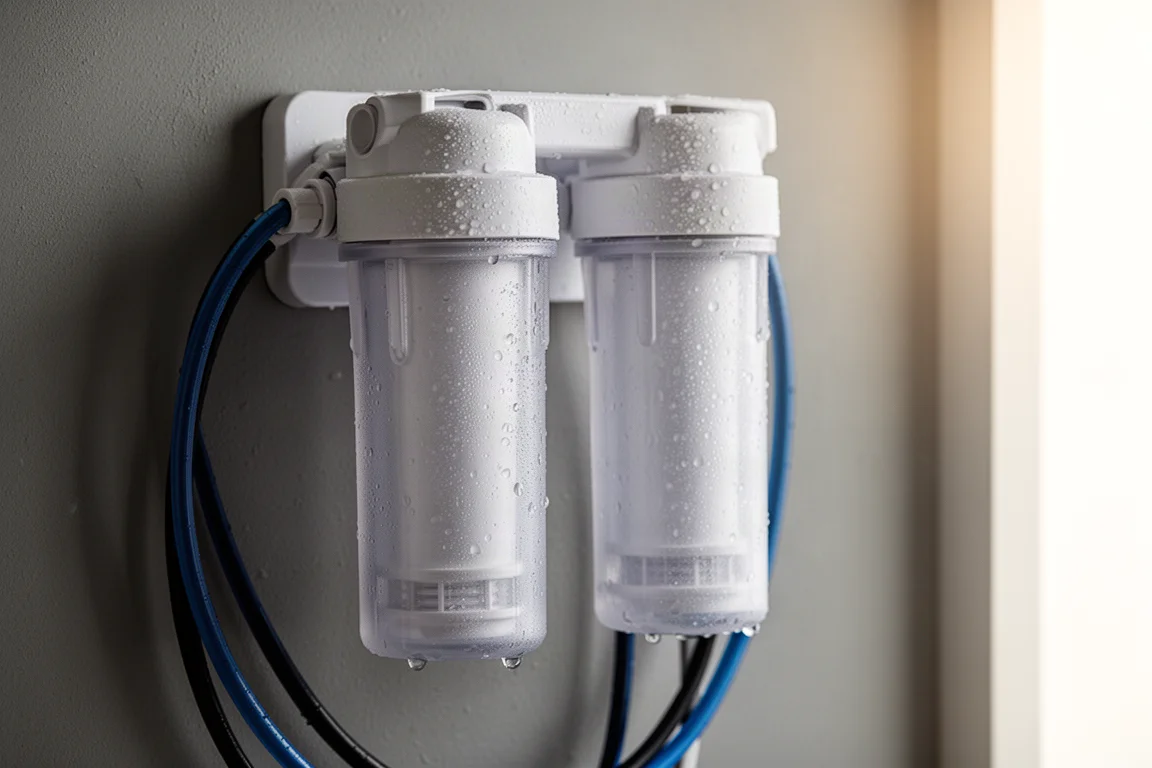 Translucent filter canisters on a wall-mounted water filtration unit with water droplets