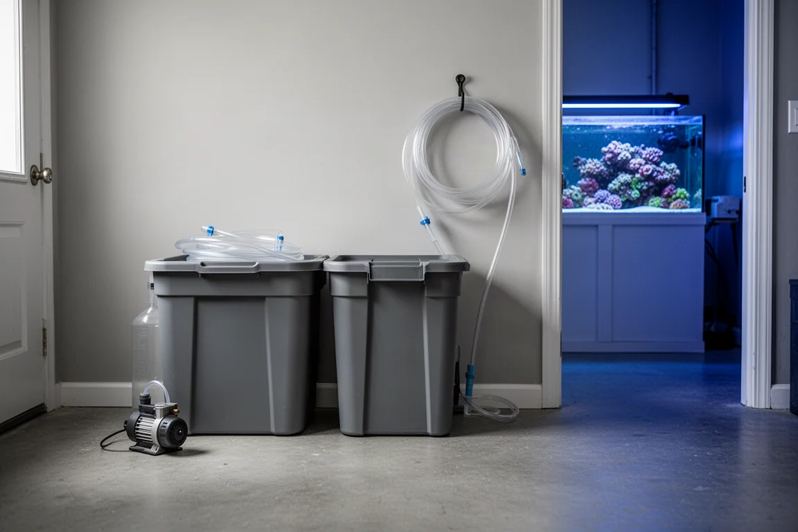 Reef aquarium water change station with storage containers and clear tubing